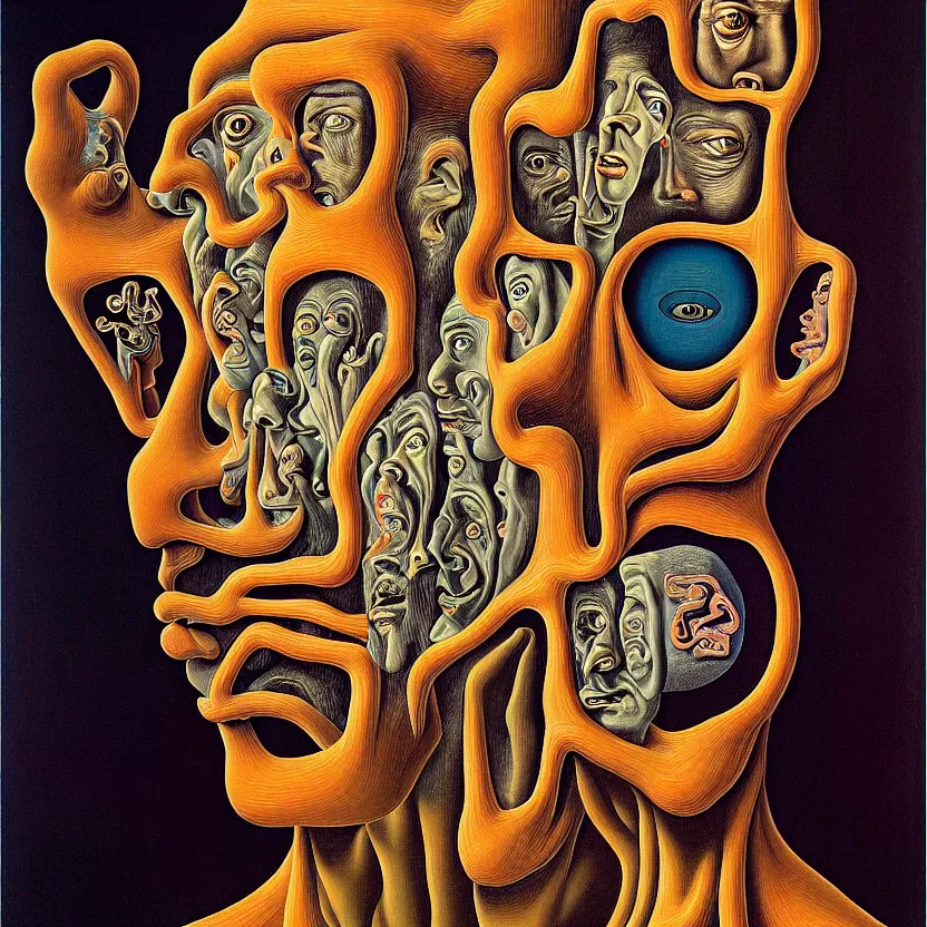 Prompt: a face coming out of a face coming out of a man's head, recursion, fractals, surreal, by salvador dali and mc escher and max ernst, oil on canvas, weird, dreams, fantasy, intricate details, soft lighting, warm colors