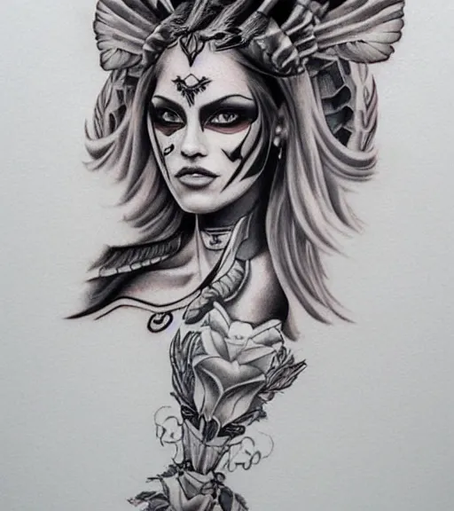 Image similar to tattoo design on white background of a beautiful girl warrior, hyper realistic, realism tattoo, inspired by eliot kohek