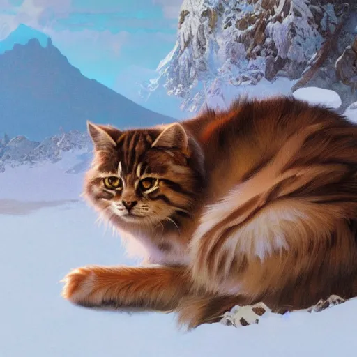 Image similar to Concept art, A shiny Siberian cat sitting by snow mountains, 8k, alphonse mucha, james gurney, greg rutkowski, john howe, artstation