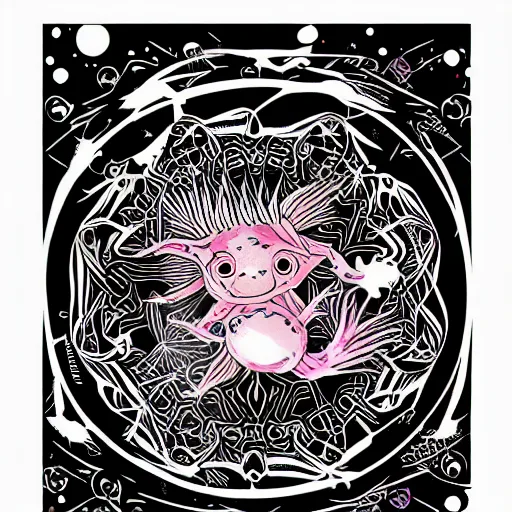 Image similar to detailed axolotl god on a yin yang background, psychedelic