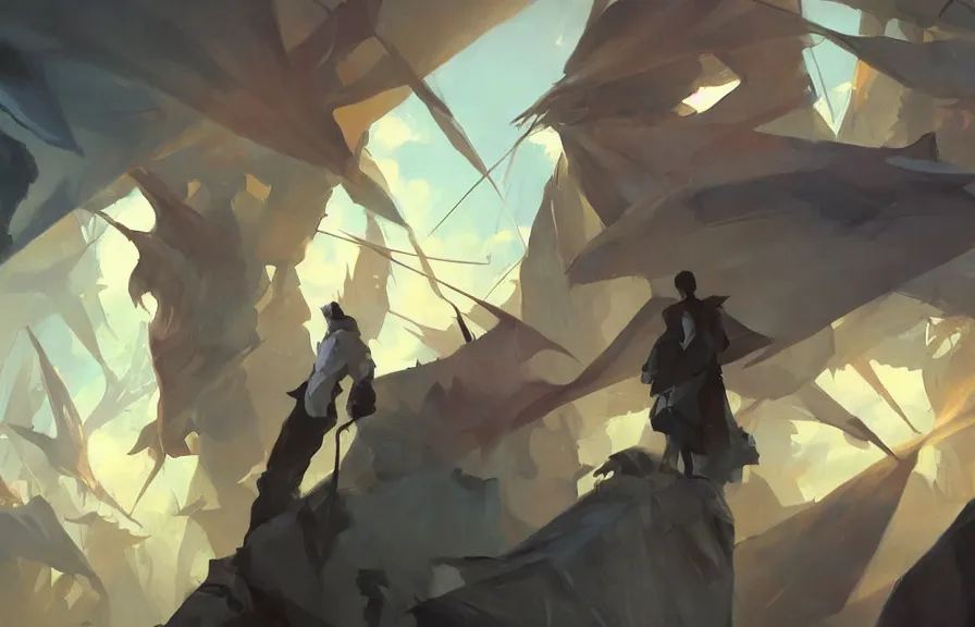 Image similar to greg manchess concept art of a the origami dimension, key visual, ambient lighting, highly detailed, digital painting, artstation, concept art, sharp focus, by makoto shinkai and akihiko yoshida and hidari and wlop and greg rutkowski