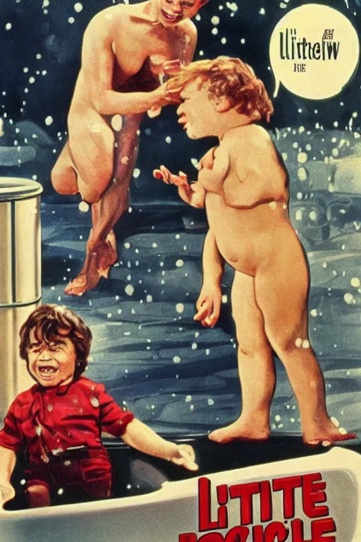 Image similar to vintage movie poster little pee pole, warwick davis and peter dinklage, bathtub, snow, gas station, 1 9 8 2, drew struzan inspiration