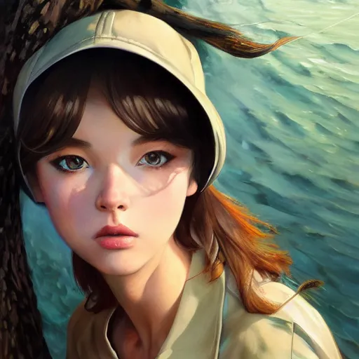 Image similar to oil painting by ilya kuvshinov,, baugh casey, artgerm craig mullins, coby whitmore, of a youthful anime girl, long hair, fishing and wearing fisherman's outfit, fisherman's hat, highly detailed, breathtaking face, studio photography, noon, intense bounced light, water reflection, large tree casting shadow, serine intense sunlight