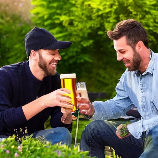 Image similar to 2 mates drinking beer in garden