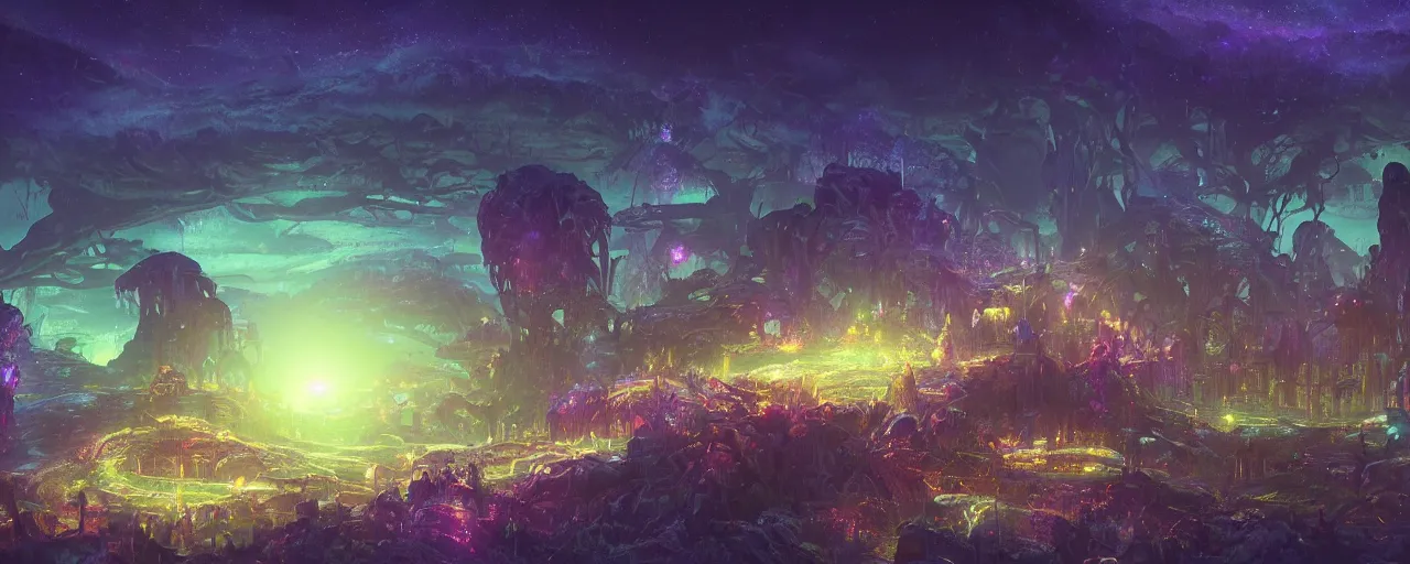 Image similar to ” otherwordly landscape at night, [ bioluminescense, cinematic, detailed, epic, widescreen, opening, establishing, mattepainting, photorealistic, realistic textures, octane render, art by slop and paul lehr ] ”