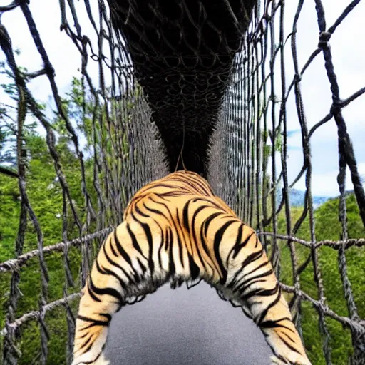 Image similar to First person view facing a tiger on a rope bridge