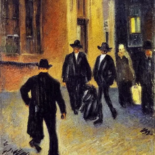 Image similar to the man in black and a revolver in hand walking around a city, impressionist painting