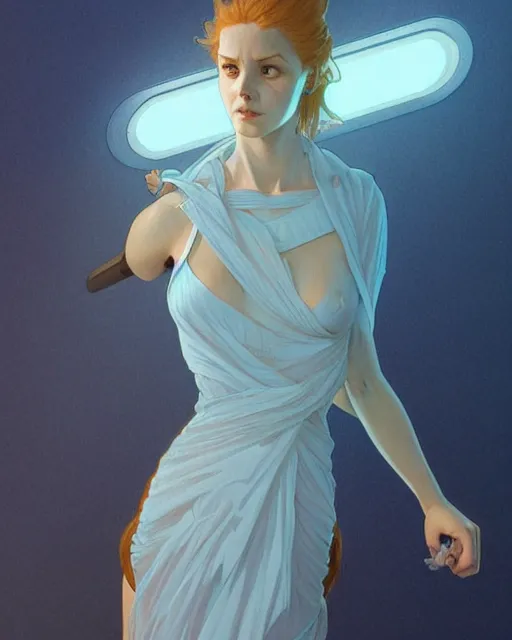 Prompt: a cyclop using a pale blue dress, dress, gentle, posing, vaporwave, bedroom, highly detailed, digital painting, artstation, concept art, smooth, sharp focus, illustration, art by artgerm and greg rutkowski and alphonse mucha