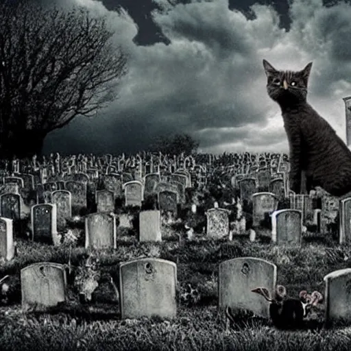 Image similar to A movie still photograph from a Tim Burton movie with a cat and a graveyard looking surreal