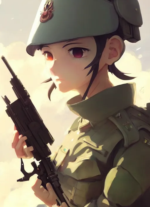 Image similar to portrait of cute soldier girl, cloudy sky background lush landscape illustration concept art anime key visual trending pixiv fanbox by wlop and greg rutkowski and makoto shinkai and studio ghibli and kyoto animation soldier clothing military gear realistic anatomy mechanized modern warfare arknights