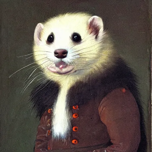 Prompt: Portrait of a Ferret with dark fur in a general outfit , painted by Jan Willem Pieneman, Courageous, Bold, painting