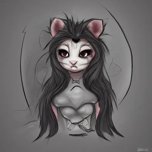 Image similar to headshot of young female furry, D&D, cute, fantasy, intricate, long hair, dark grey skin, mouse face, mouse nose, dark skin, mouse head, mouse ears, black hair, elegant, highly detailed, cartoony, artstation, concept art, smooth, sharp focus, illustration, art by Diives