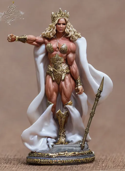 Image similar to 80mm resin detailed miniature of a Very Muscular Queen, long white cape, light skin, short blonde hair, on textured disc base, Company logo in upper left corner; Miniature product Photo, 4K, Full body