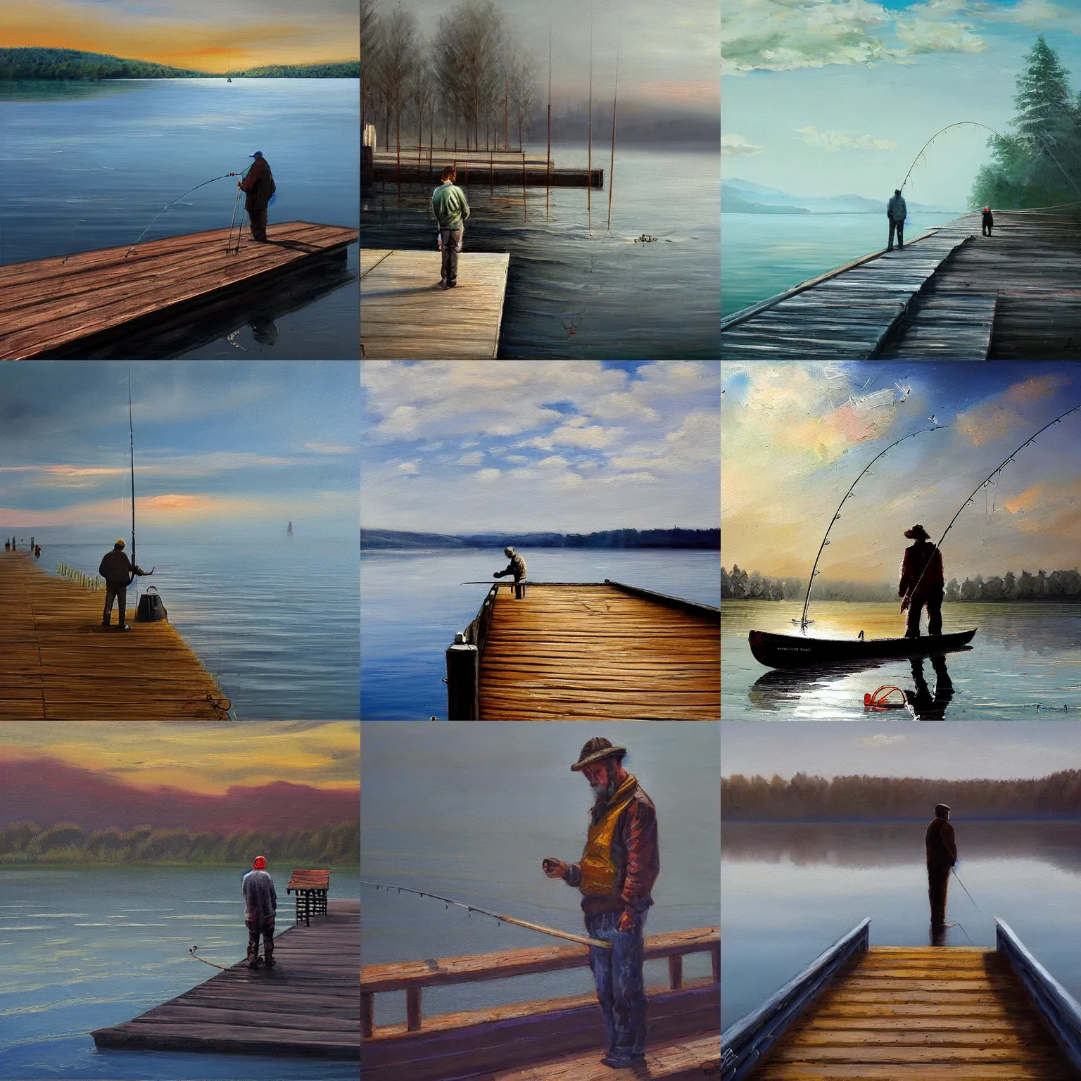 Prompt: a lonely man fishing on the docks of a massive lake. painting by taras susak