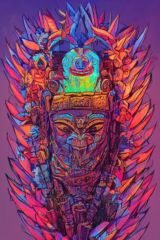 Image similar to totem animal tribal chaman vodoo mask feather gemstone plant wood rock video game illustration vivid color borderlands by josan gonzales and dan mumford radiating a glowing aura