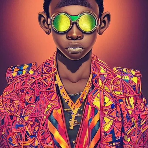 Prompt: colourful vfx upper half - portrait - art of a nigerian boy wearing steam punk goggles, art by utagawa kunisada & james jean, symmetrical, intricate detail, concept art, volumetric light, ray tracing, caricature, digital illustration, octane 3 d render, unreal engine, sharp, 8 k post process, pinterest, behance, art station,