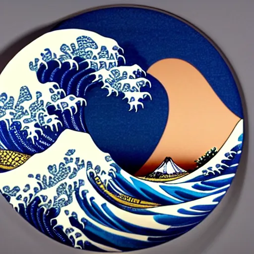 Image similar to a photo of a circular marble statue of The Great Wave off Kanagawa, in a museum, 3D, sculpture