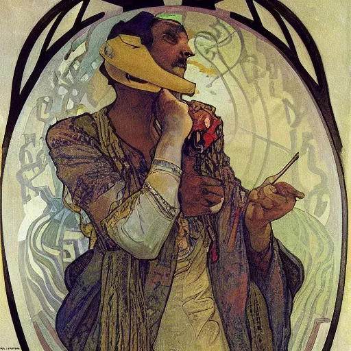 Image similar to lapo lekann painted by alfons mucha