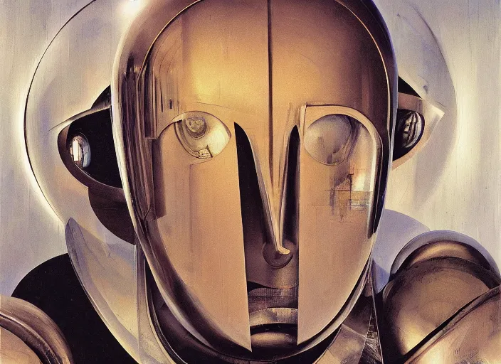 Image similar to a portrait headshot of sci fi metallic human, bright eyes, melancholic complex geometric figure liminal machinery by oskar schlemmer, moebius, john berkey, oil on canvas, portrait facial head, featured on artstation, hd wallpaper