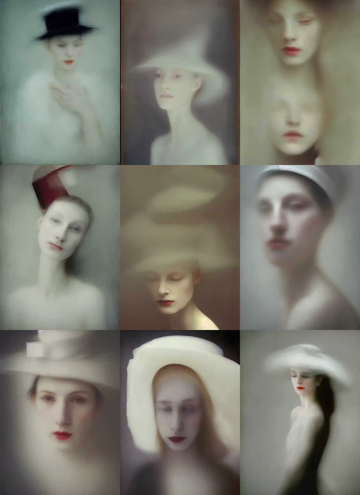 Image similar to out of focus photorealistic portrait of a beautiful pale young woman by sarah moon, very blurry, translucent white skin, closed eyes, foggy, closeup, with a weird hat