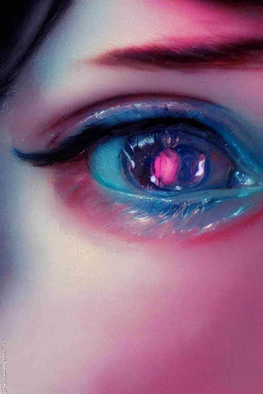 Image similar to close up on deep blue eyes crying, a very pale skinned girl, neon pink tears, dramatic lighting, highly detailed, intricate, sharp focus, subsurface scattering, art by caravaggio, greg rutkowski, thomas kindkade, ruan jia, norman rockwell, tom bagshaw.