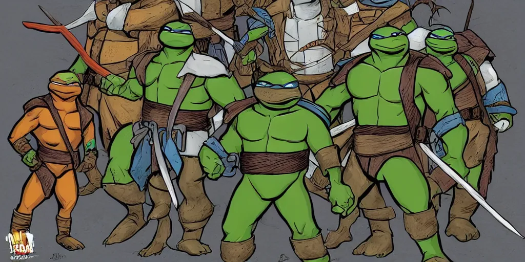 Prompt: medieval teenage mutant ninja turtles comics trending on artstation