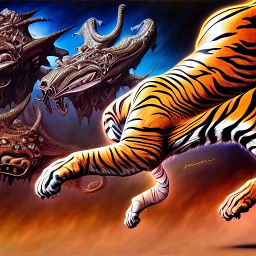 Image similar to futuristic sneakers, fantasy art, ultra realistic, cinematic, wide angle, tiger pattern skin, highly detailed by boris vallejo, scott roberston, neville page, aaron horkey, wayne barlowe, craig mullins, roberto ferri, hajime sorayama