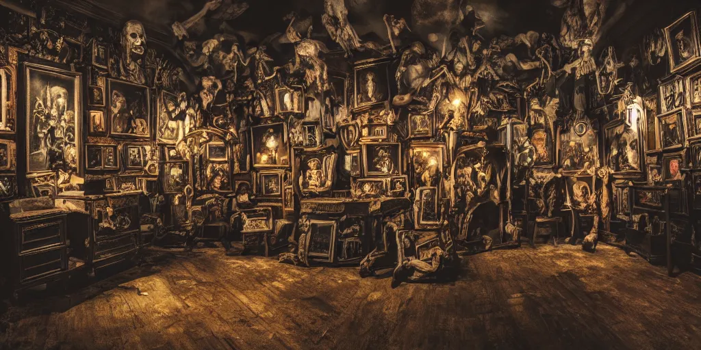 Prompt: a epic view of a macabre museum at night