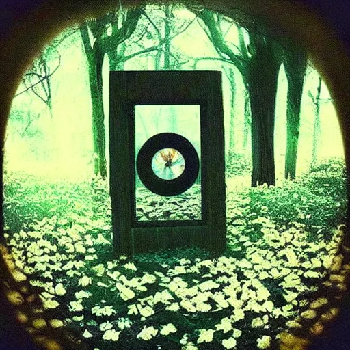 Image similar to dark forest with a portal that show to a dimension that is a flower garden, polaroid photo, perfect photo, photo pinterest