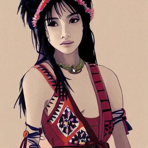 Image similar to a beautiful young japanese natalie portman alluring gravure model, stylized concept art, wearing elegant designer overalls, elegant overalls with mesoamerican patterns, mesoamerican native street fashion, princess mononoke, painted by jamie hewlett and ashley wood and mike mignola, aesthetic, gorgeous, stunning, alluring, attractive, artstation, pinterest, digital art