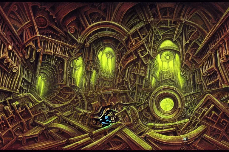 Image similar to the inside of a symmetrical hellish dungeon, mirrors and ancient gears, matte painting, 4 k, epic composition, volumetric light, abstract illusionism, by william stout, roberto da matta, pour paint