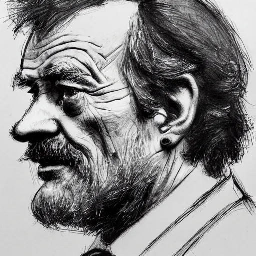 Image similar to a realistic yet scraggly portrait sketch of the side profile of a stern and sophisticated bryan cranston, trending on artstation, intricate details, in the style of frank auerbach, in the style of sergio aragones, in the style of martin ansin, in the style of david aja, in the style of mattias adolfsson