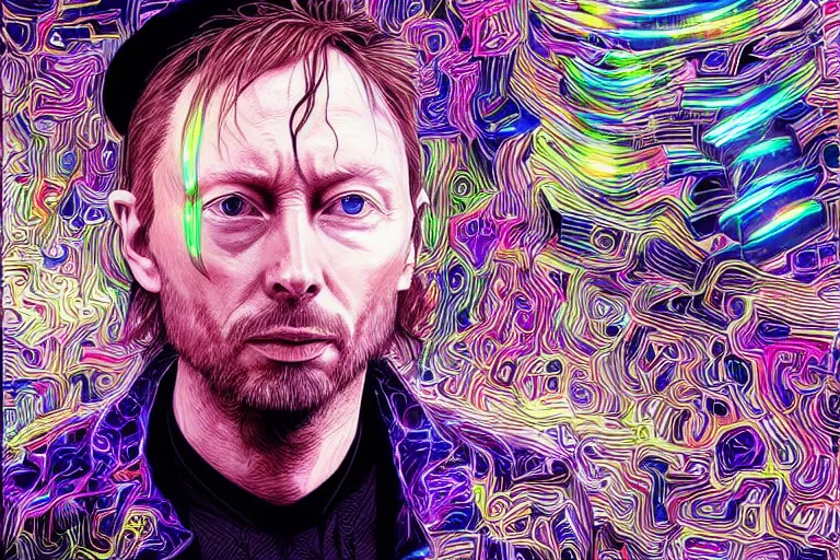 Image similar to A portrait of Thom Yorke as a cyberpunk wearing a bowler hat, iridescent highlights, surrounded by digital swirls, highly detailed, intricate, soft, sci-fi, sharp focus, glowing lines, art by artgerm and jean giraud