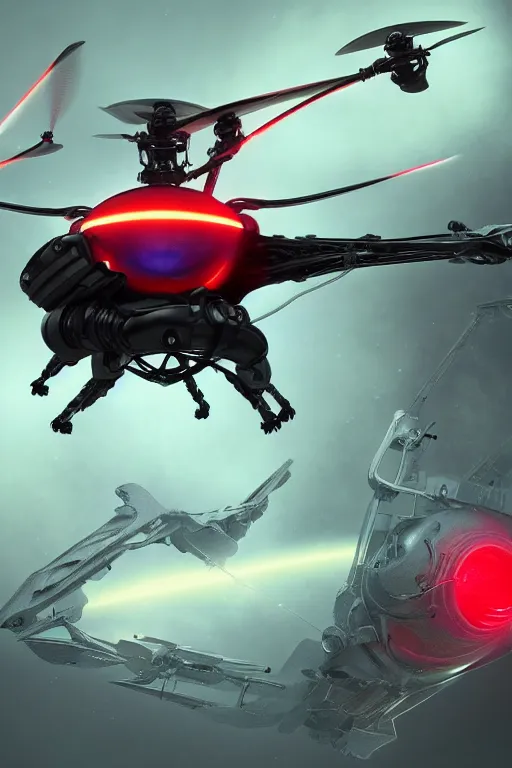 Prompt: futuristic flying helicopter robot with glowing red eyes, digital art, fantasy, trending on artstation, professional illustration, cgsociety, ultra detailed