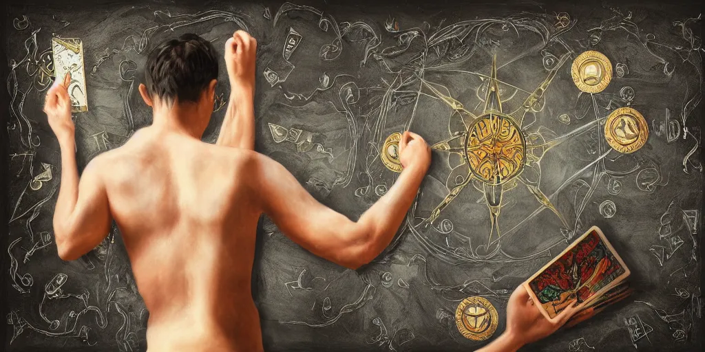 Image similar to back shot of male researcher examining the mysteries of tarot cards on a magical blackboard, fantasy art, matte painting, high quality, digital painting, artwork by terryl whitlatch