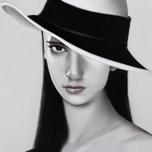 Image similar to black and white centered close-up of fashion model girl in wide white hat, hyperrealism oil painting