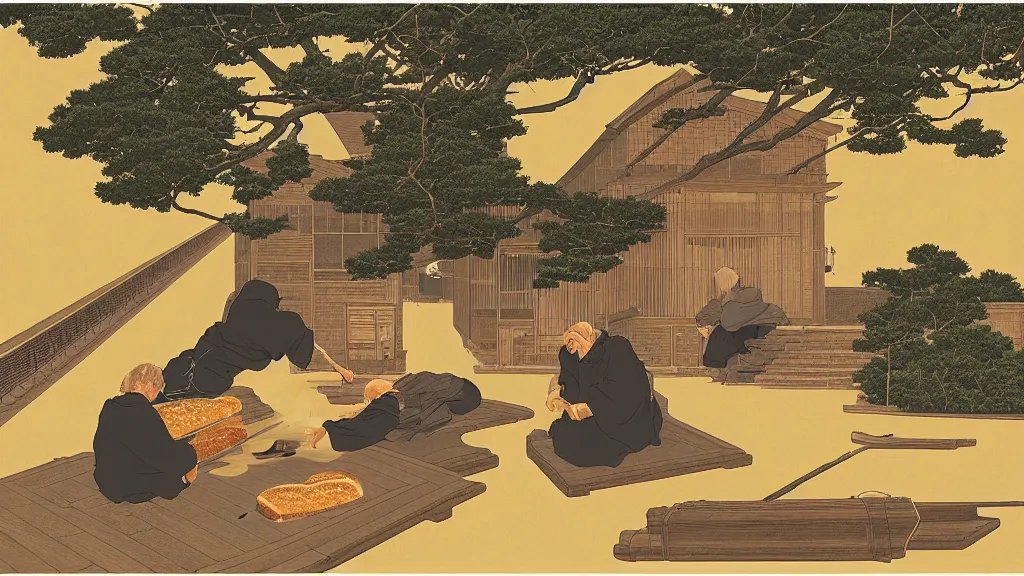 Image similar to Dad had been collecting Burnt toast and free bread from one of his apps, screen print by Kawase Hasui and dan hillier, 8k unreal engine