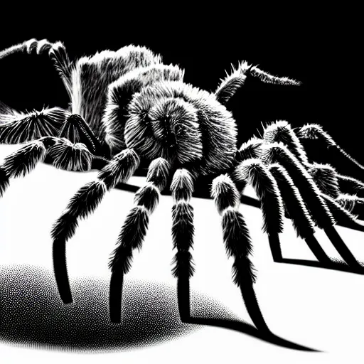 Image similar to book illustration of a tarantula with a machine gun mounted on its back. book illustration, monochromatic, white background, black and white image