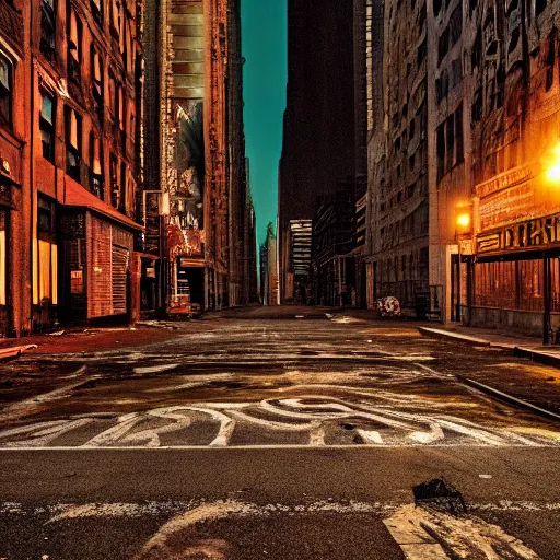 Image similar to color photograph of highly detailed abandoned New York city street at night after the war between humans and AIs, natural light, film grain, soft vignette, sigma 85mm f/1.4 1/10 sec shutter, film still promotional image, IMAX 70mm footage