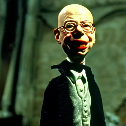 Image similar to claymation klaus schwab by jan svankmajer, hyperrealistic, very detailed, tim burton, 3 5 mm film still, gothic, horror, eldritch