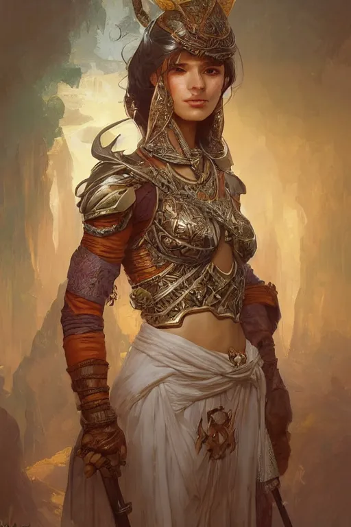 Image similar to a portrait of a anthropomorphic an acient arabic warrior goddess, D&D, fantasy, intricate, highly detailed, digital painting, artstation, concept art, smooth, sharp focus, illustration, art by artgerm and greg rutkowski and alphonse mucha