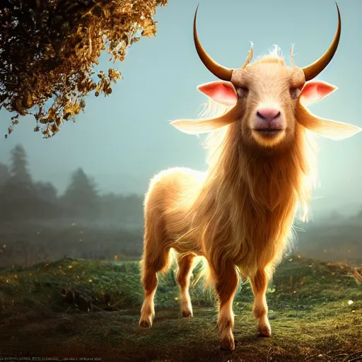 Image similar to real life photo of a beautiful Guernsey golden goat, full body photoshoot, curly golden hair, brown watery eyes, full round face, short smile, short horns, serene field setting, cinematic lightning, medium shot, mid-shot, highly detailed, trending on artstation, Unreal Engine 4k, 80mm, 85mm, cinematic wallpaper