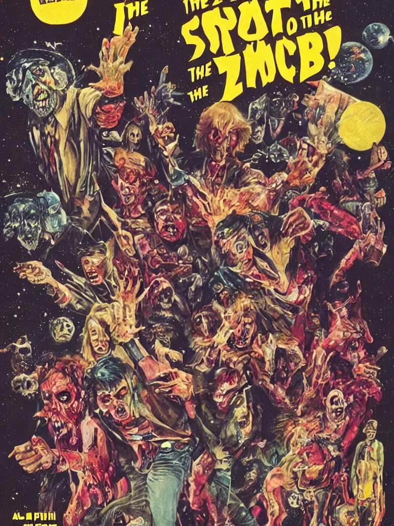 Prompt: poster for the movie Wrath of the Space Disco Zombies, 1970s style, very detailed, text says: Wrath of the Space Disco Zombies