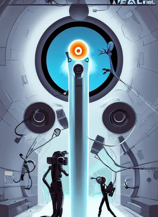 Image similar to poster artwork by Michael Whelan and Tomer Hanuka, of a product poster of the Portal Gun, from the game Portal 2, from Valve, Aperture Science, clean