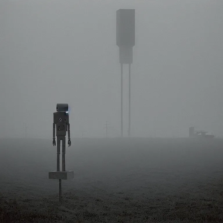 Image similar to a sole angular lanky liminal observer droid, in a brutalist yet rural landscape by simon stalenhag, 3 5 mm film photography, dawn, eerie fog