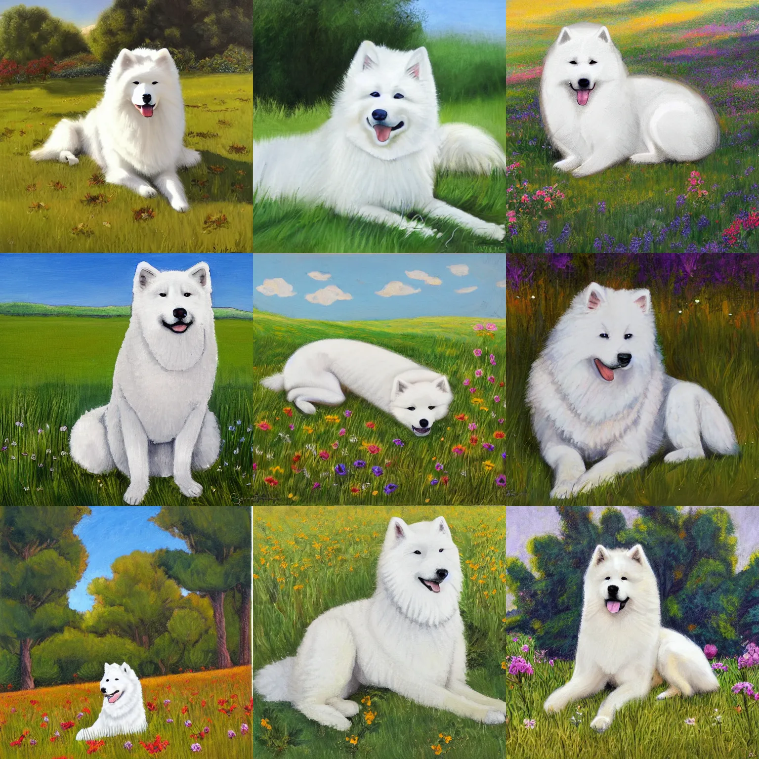 Prompt: a samoyed dog sitting in the middle of sunny meadow, by joseph stella