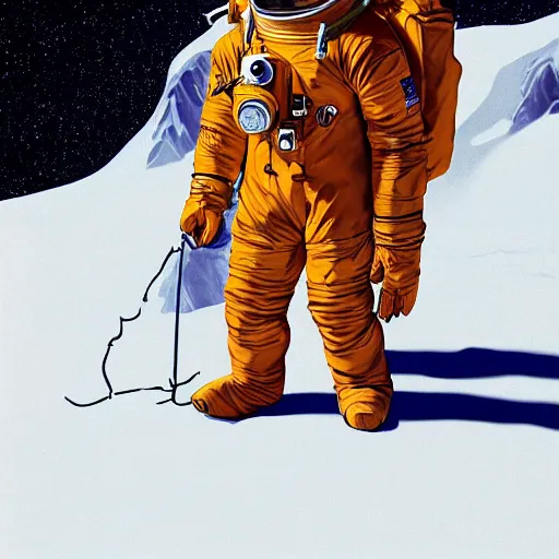 Image similar to astronaut in orange polar exploration suit crouching down in the snow behind a small otherworldly plant, concept art