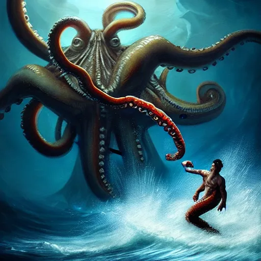 Image similar to a dream fantasy painting of a a man fighting a giant octopus in the deep of the ocean, by beksinki, giger, greg rutkowski, carne griffith trending on artstation, deviantart, photorealism