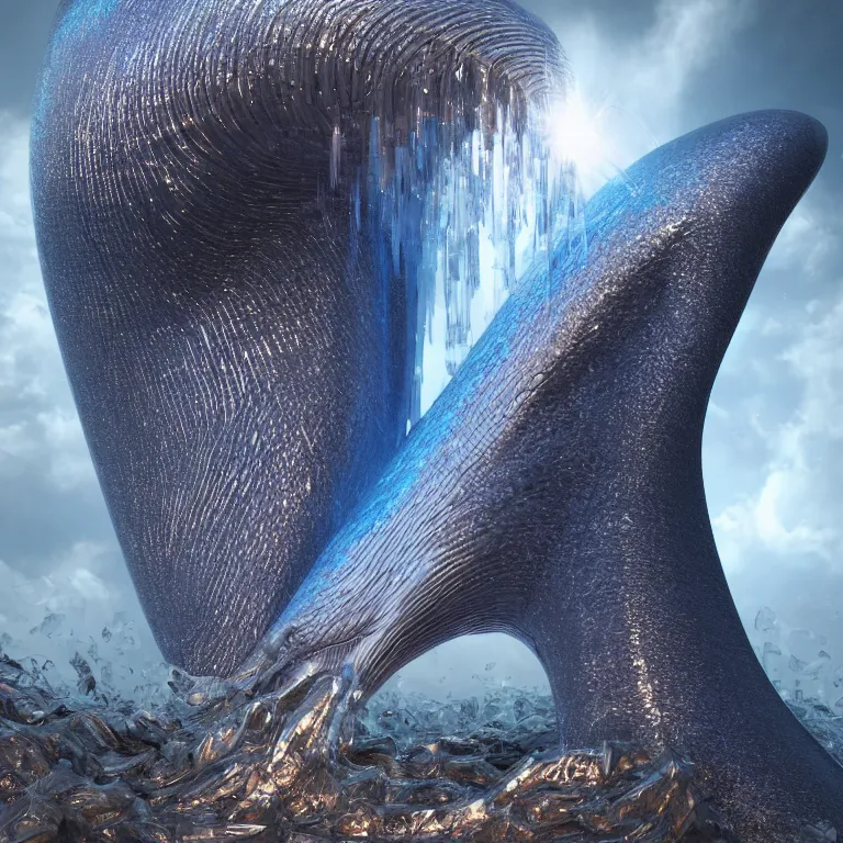 Prompt: octane render portrait by wayne barlow and carlo crivelli and glenn fabry, a giant crystal statue of a blue whale emerging from a hypnotic swirling whirplool of different colored liquid metal, cinema 4 d, ray traced lighting, very short depth of field, bokeh