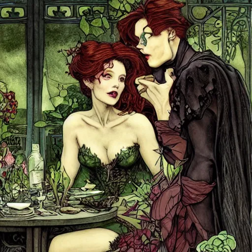 Prompt: a beautiful picture of doctor poison ivy professor of botany and doctor liliana onyx professor of demonology having lunch, academic clothing, dark eyeliner, intricate, elegant, highly detailed, digital painting, artstation, concept art, matte, sharp focus, illustration, art by rebecca guay and by arthur rackham and by john william waterhouse